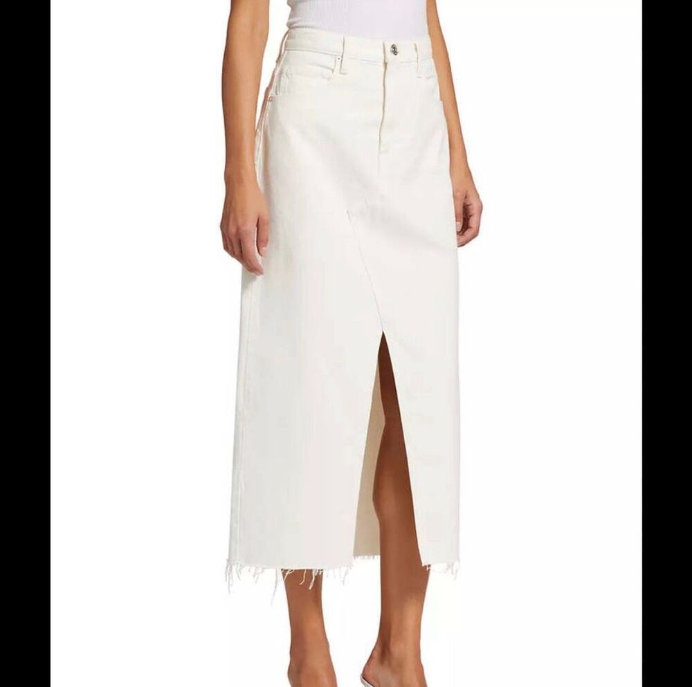 Frame Denim Angled Seam Midaxi Front Slit Midi Jean Skirt Cream Women’s Size 30